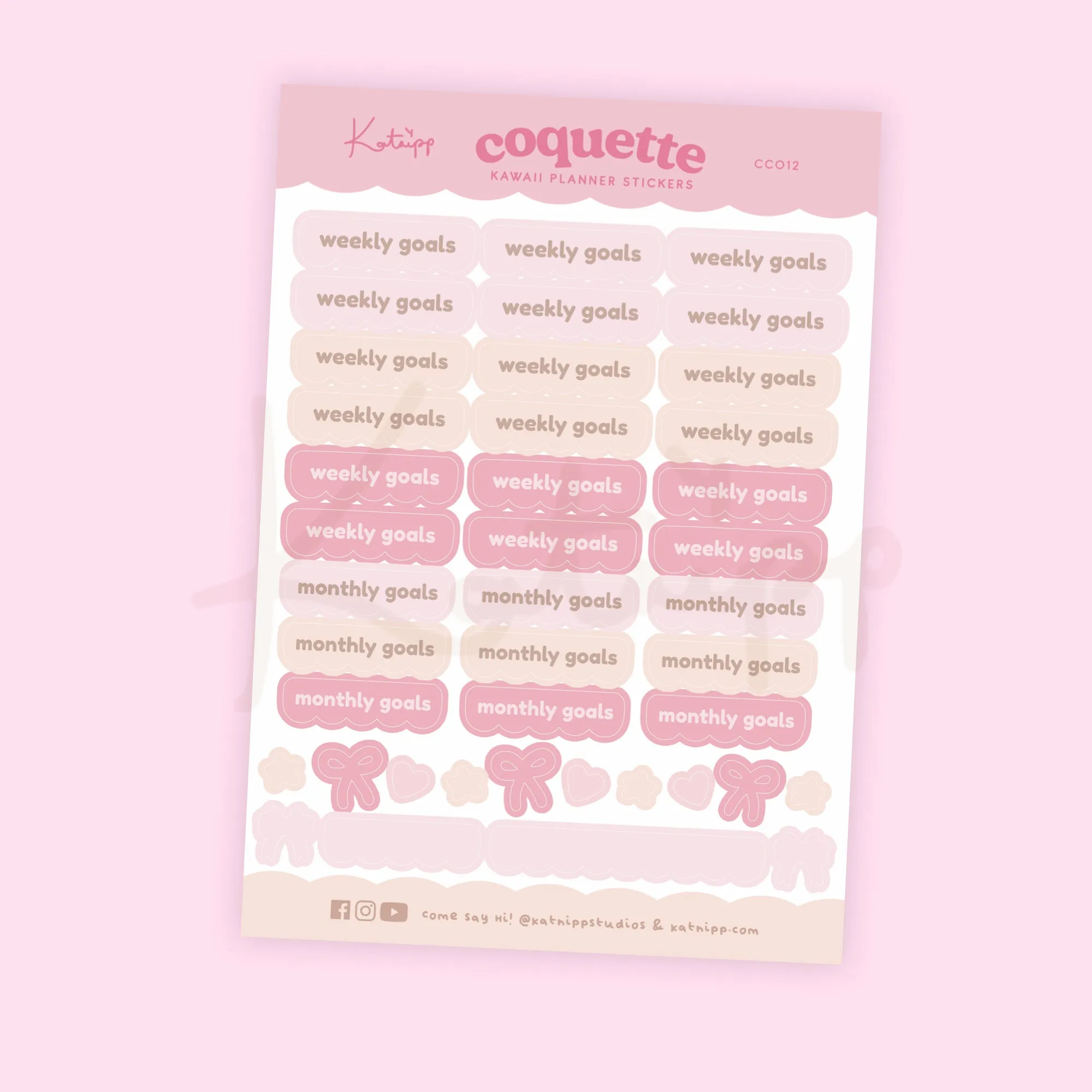 Pink Coquette Bow Weekly & Monthly Goals Sticker Sheet | Kawaii Pastel Planner Stickers | CC012