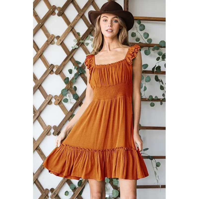 Ruched waist ruffled sleeveless dress