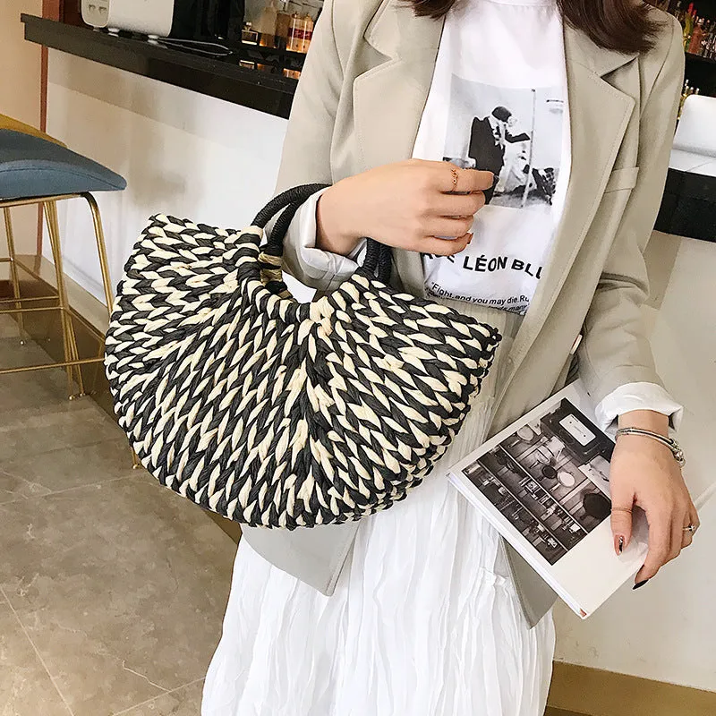 Semicircle Straw Woven Handbag Seaside Vacation Beach Bag