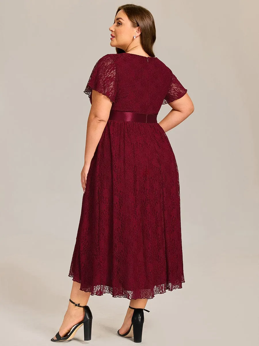 Short Sleeve Ruffled Empire Waist Lace Midi Formal Dress