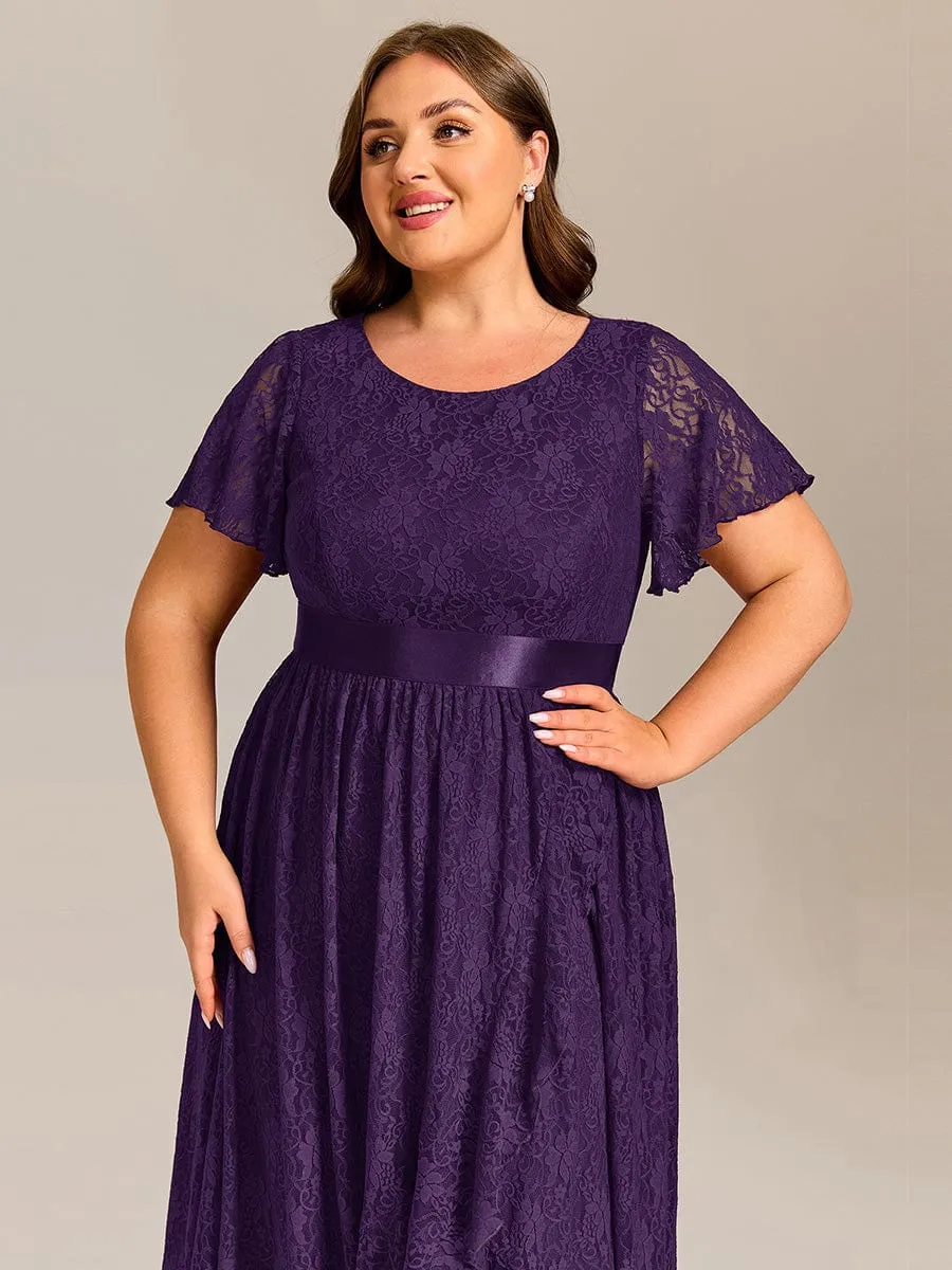 Short Sleeve Ruffled Empire Waist Lace Midi Formal Dress