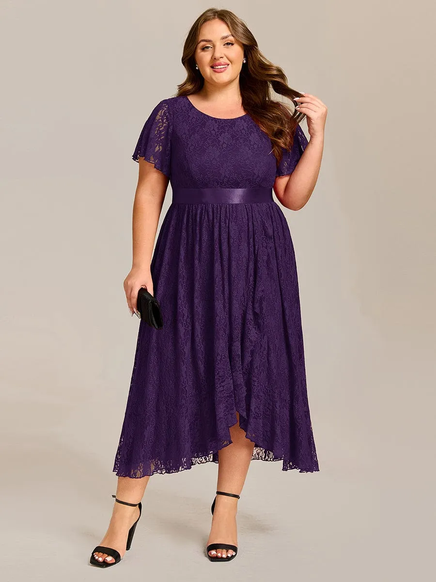 Short Sleeve Ruffled Empire Waist Lace Midi Formal Dress