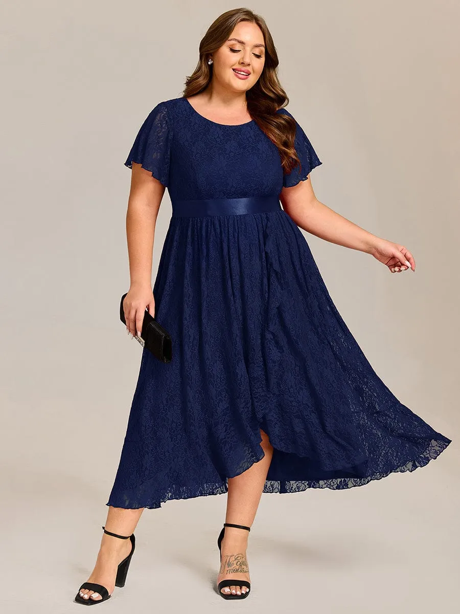 Short Sleeve Ruffled Empire Waist Lace Midi Formal Dress