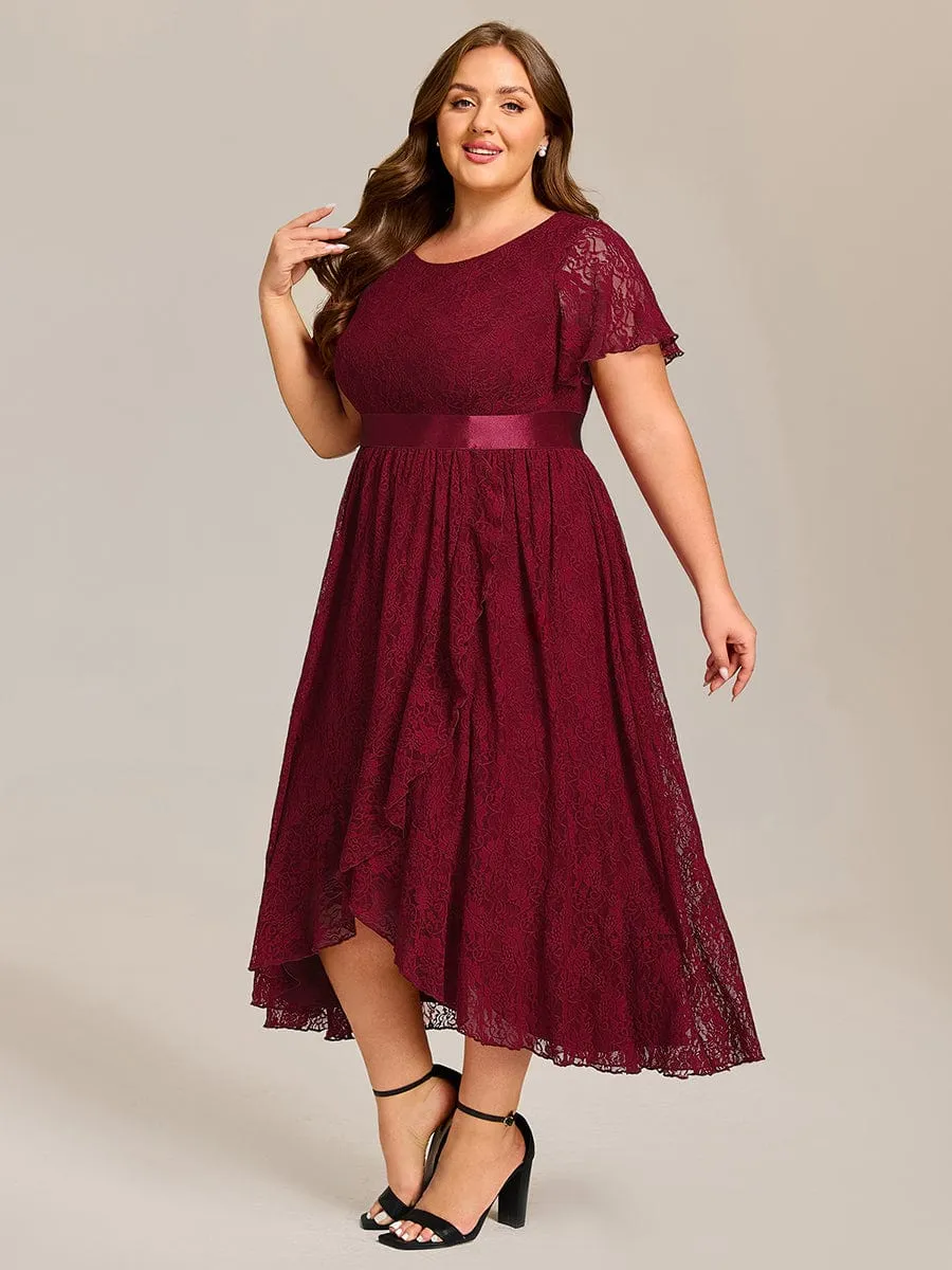 Short Sleeve Ruffled Empire Waist Lace Midi Formal Dress