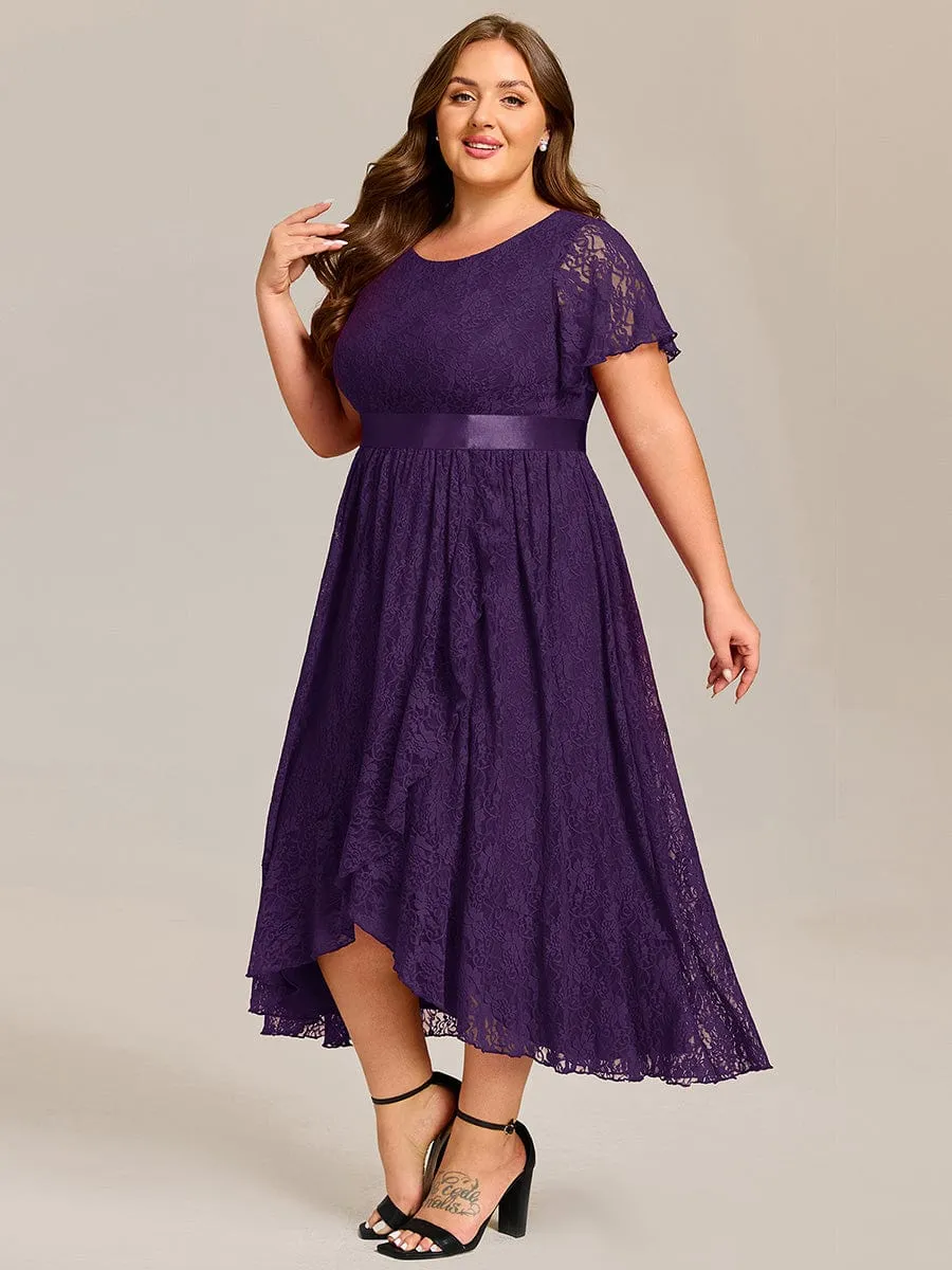 Short Sleeve Ruffled Empire Waist Lace Midi Formal Dress