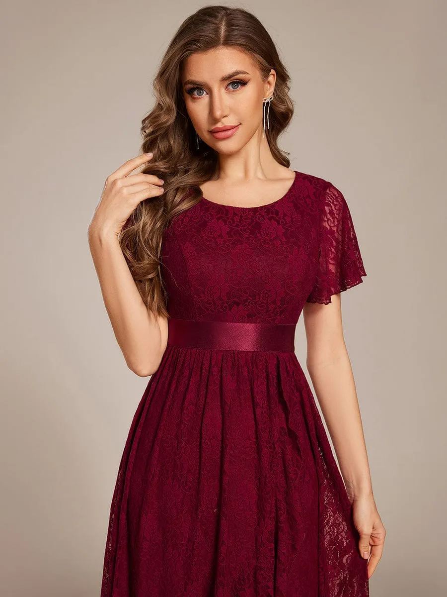 Short Sleeve Ruffled Empire Waist Lace Midi Formal Dress