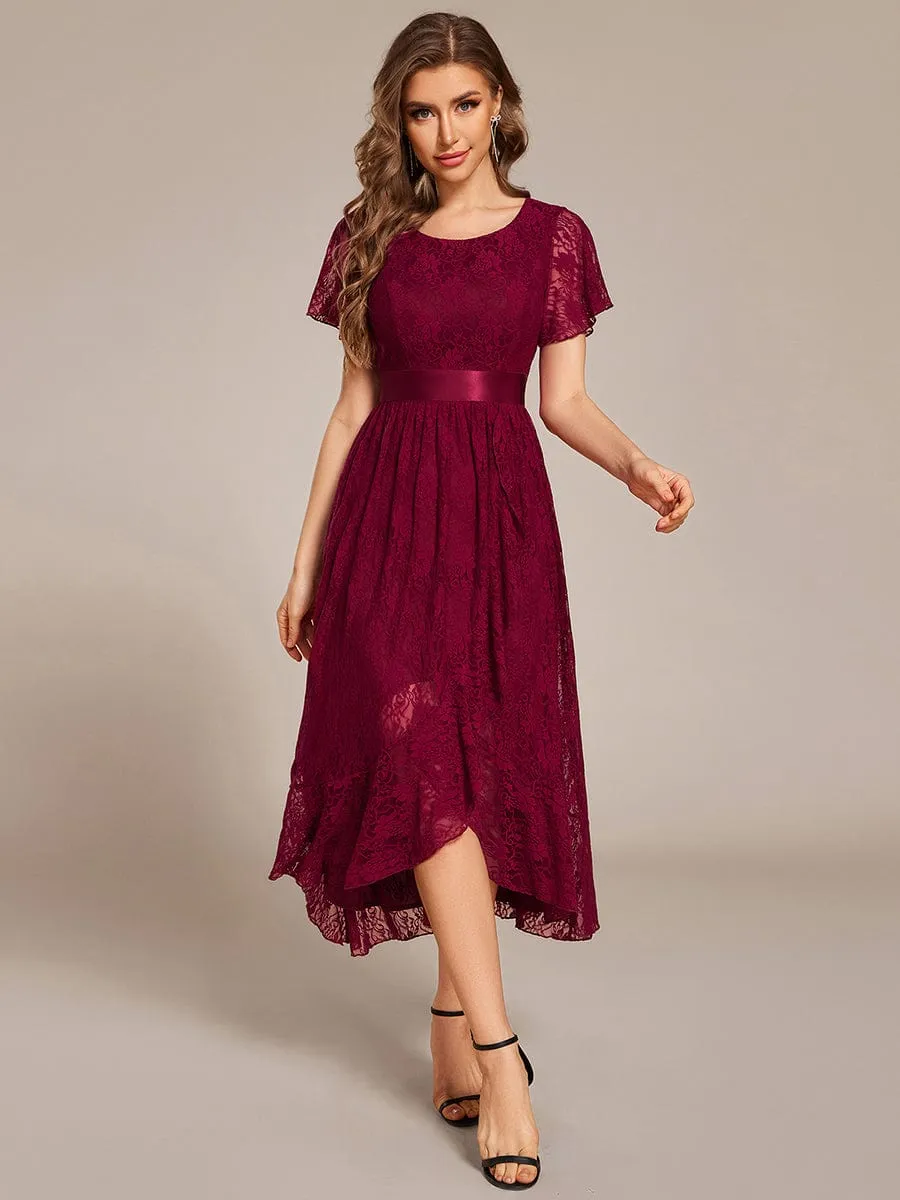 Short Sleeve Ruffled Empire Waist Lace Midi Formal Dress