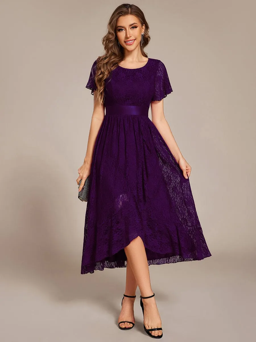 Short Sleeve Ruffled Empire Waist Lace Midi Formal Dress