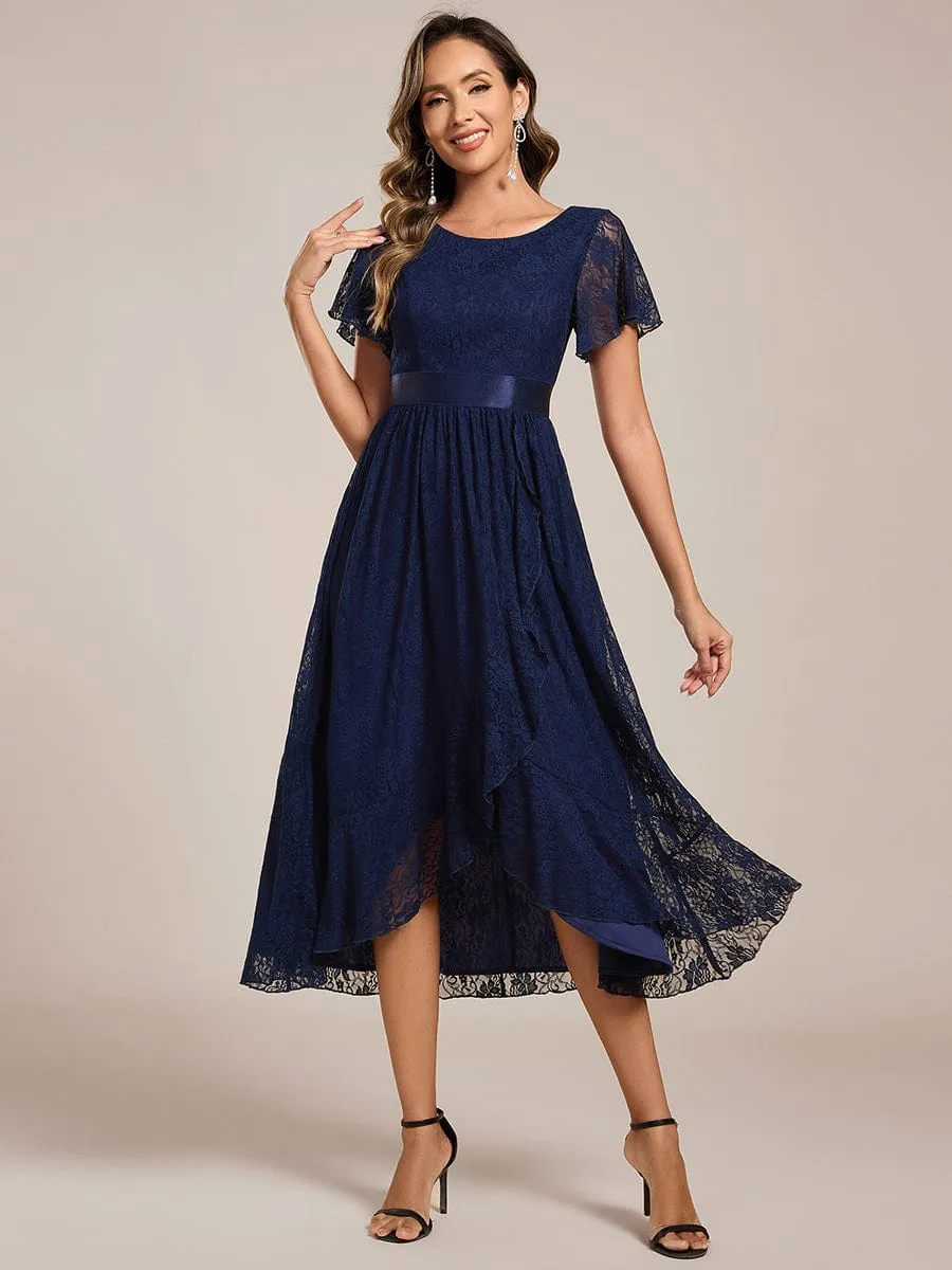 Short Sleeve Ruffled Empire Waist Lace Midi Formal Dress