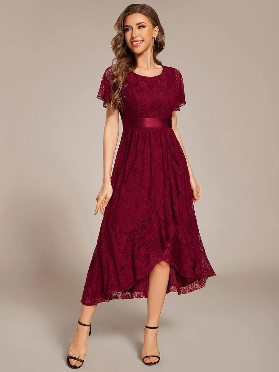 Short Sleeve Ruffled Empire Waist Lace Midi Formal Dress