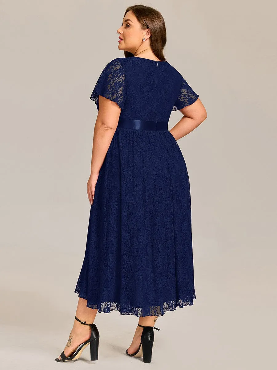Short Sleeve Ruffled Empire Waist Lace Midi Formal Dress