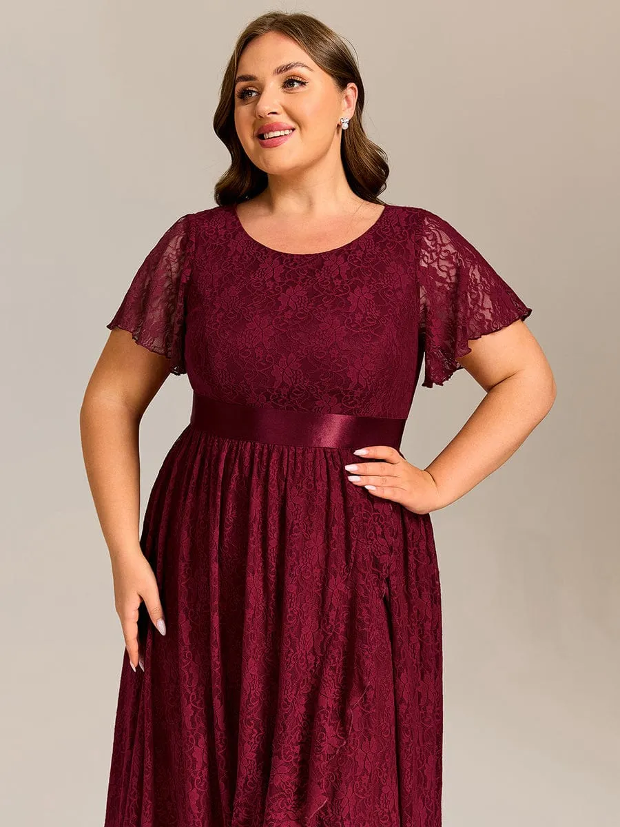 Short Sleeve Ruffled Empire Waist Lace Midi Formal Dress