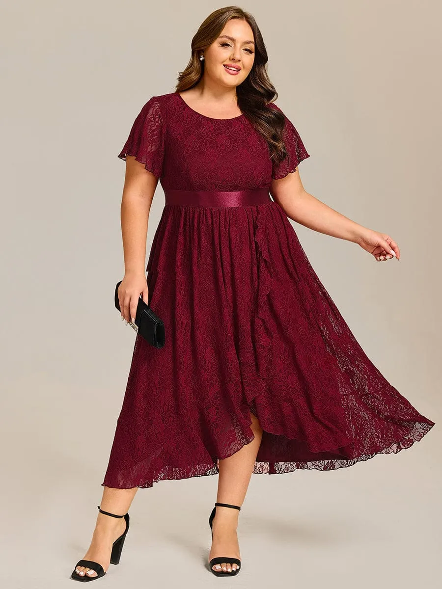 Short Sleeve Ruffled Empire Waist Lace Midi Formal Dress