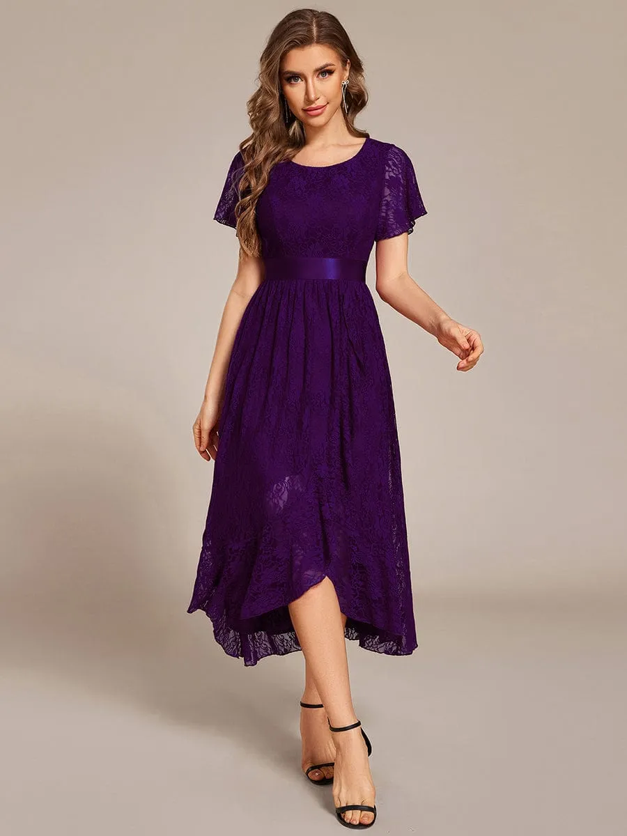 Short Sleeve Ruffled Empire Waist Lace Midi Formal Dress