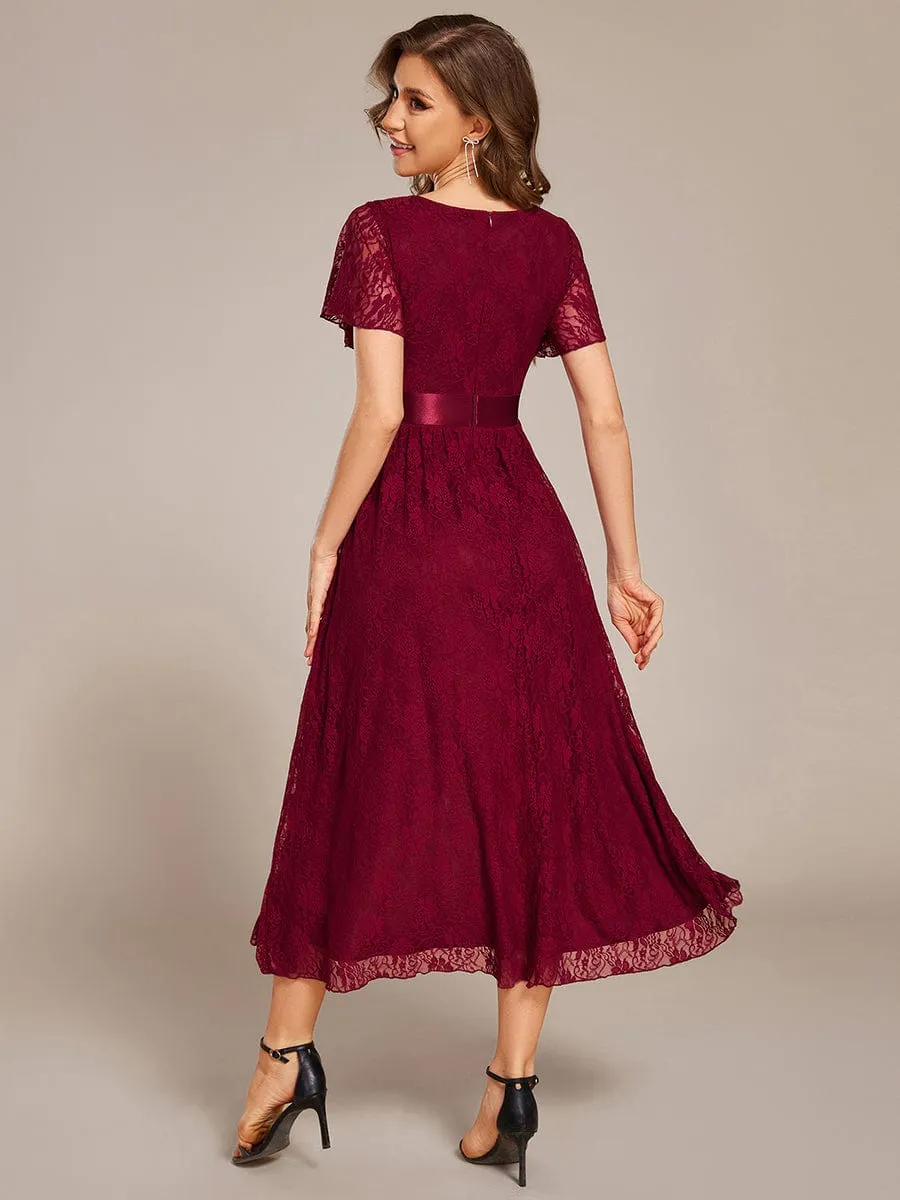 Short Sleeve Ruffled Empire Waist Lace Midi Formal Dress