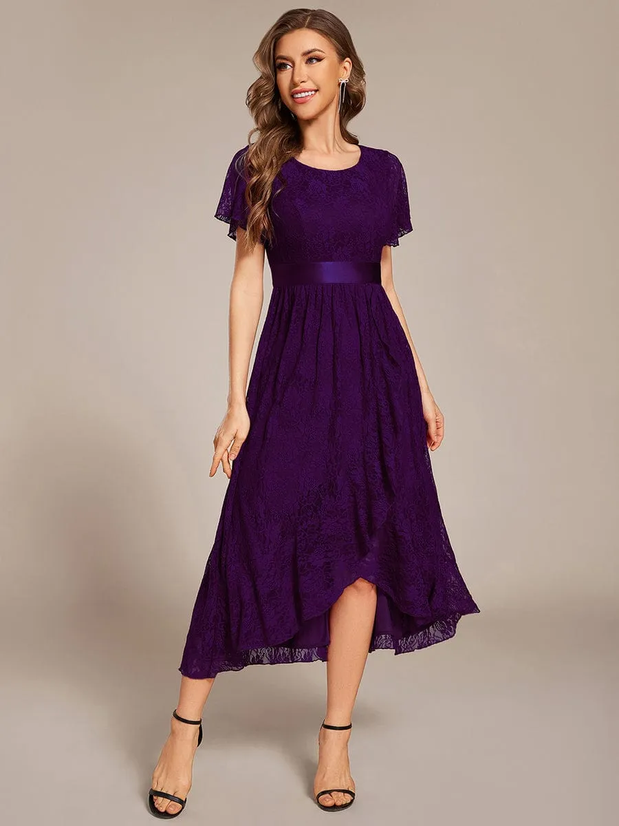 Short Sleeve Ruffled Empire Waist Lace Midi Formal Dress