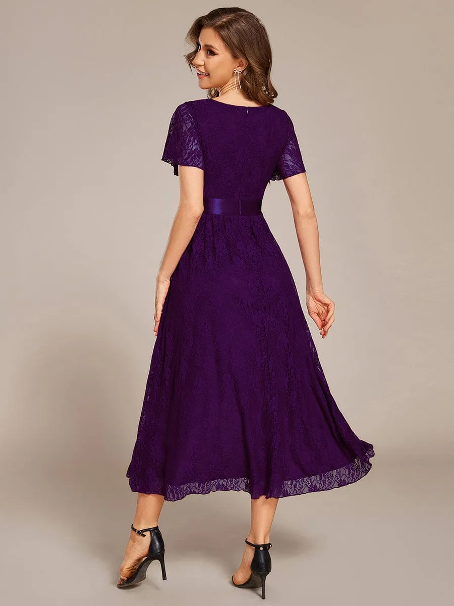 Short Sleeve Ruffled Empire Waist Lace Midi Formal Dress