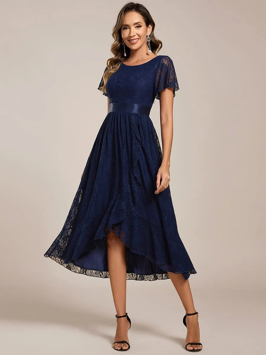 Short Sleeve Ruffled Empire Waist Lace Midi Formal Dress