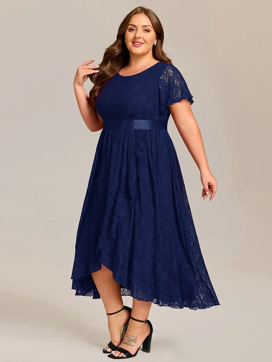 Short Sleeve Ruffled Empire Waist Lace Midi Formal Dress