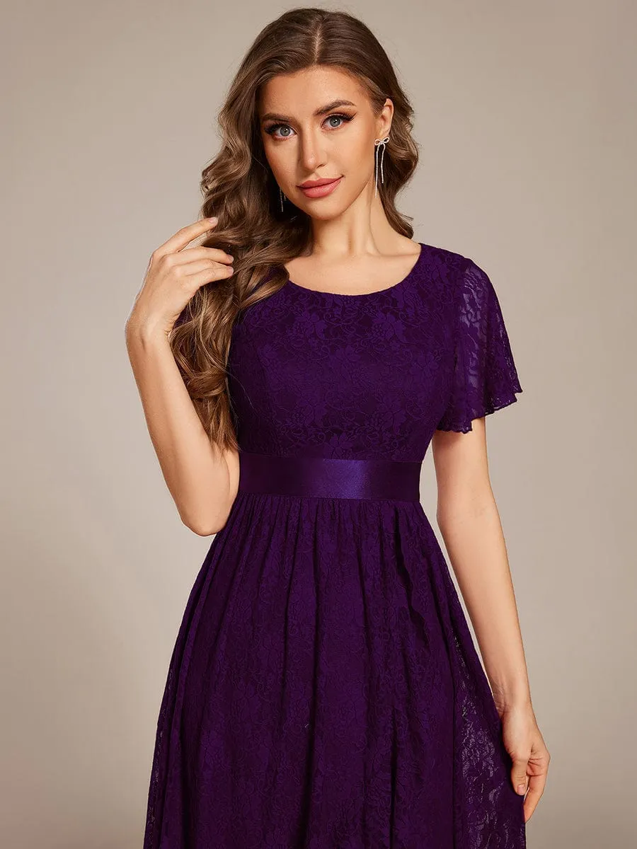 Short Sleeve Ruffled Empire Waist Lace Midi Formal Dress