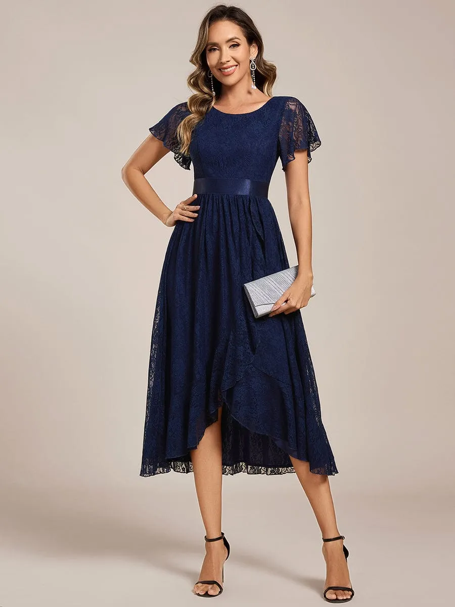Short Sleeve Ruffled Empire Waist Lace Midi Formal Dress