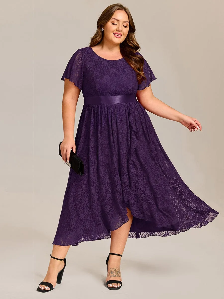 Short Sleeve Ruffled Empire Waist Lace Midi Formal Dress