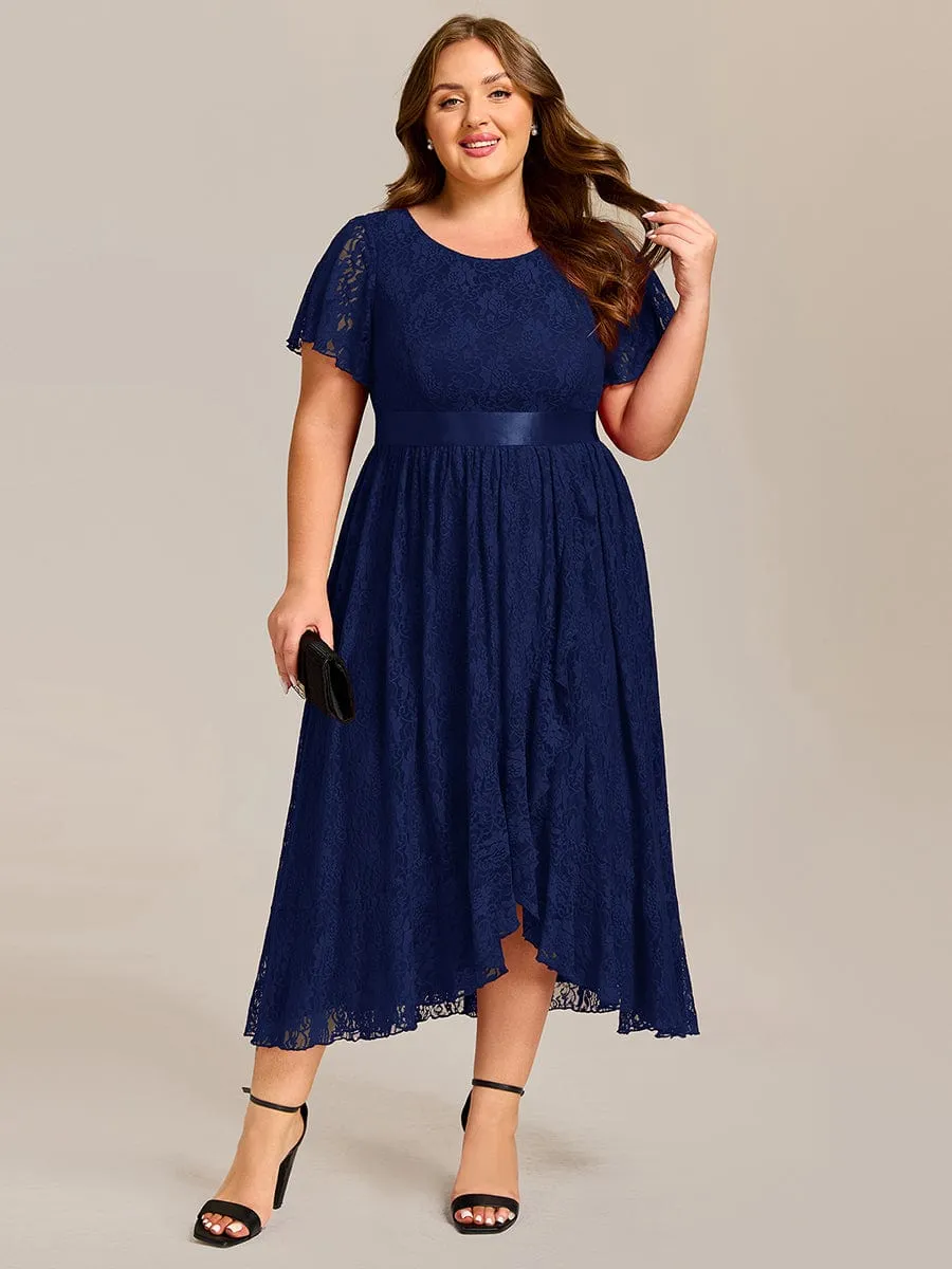 Short Sleeve Ruffled Empire Waist Lace Midi Formal Dress