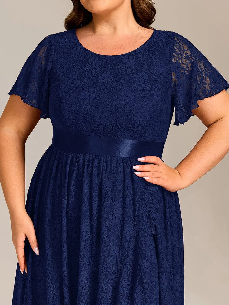 Short Sleeve Ruffled Empire Waist Lace Midi Formal Dress