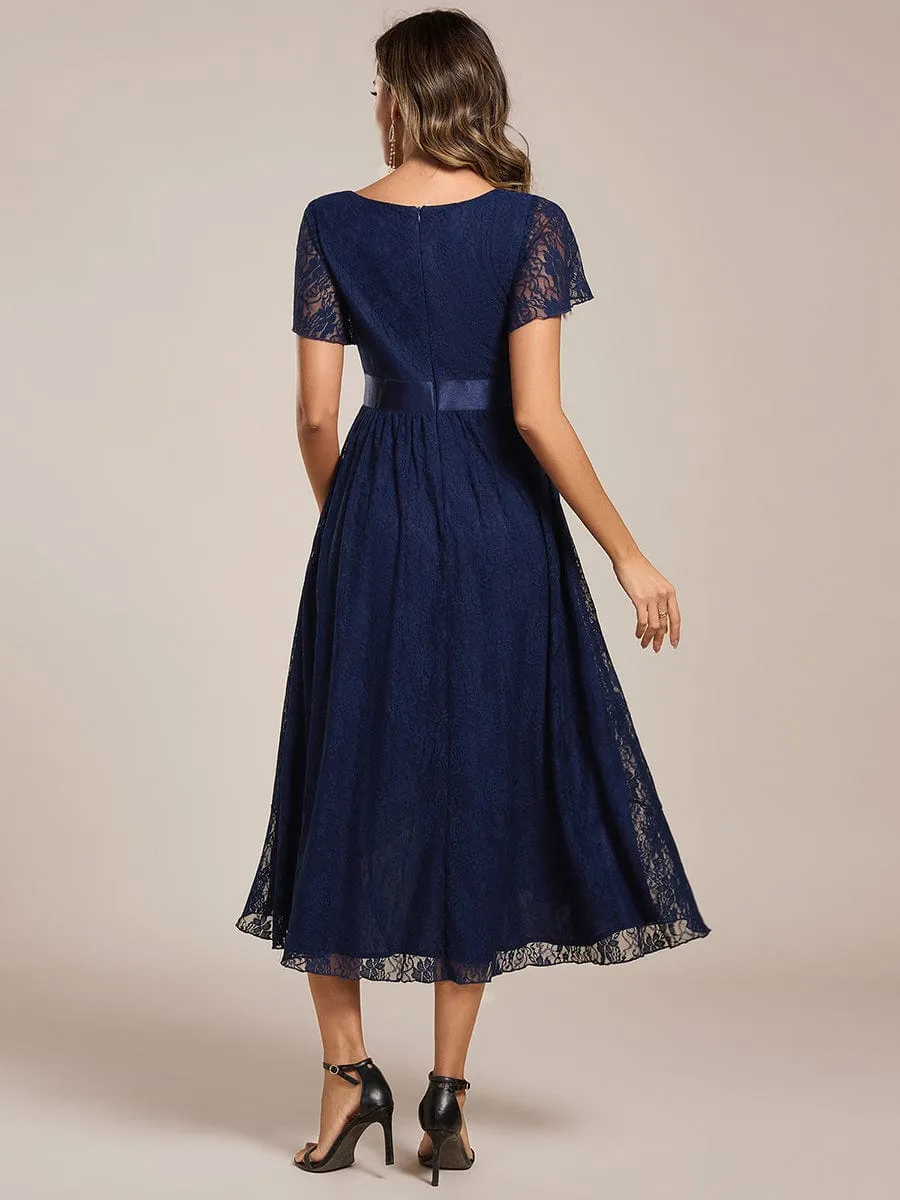 Short Sleeve Ruffled Empire Waist Lace Midi Formal Dress