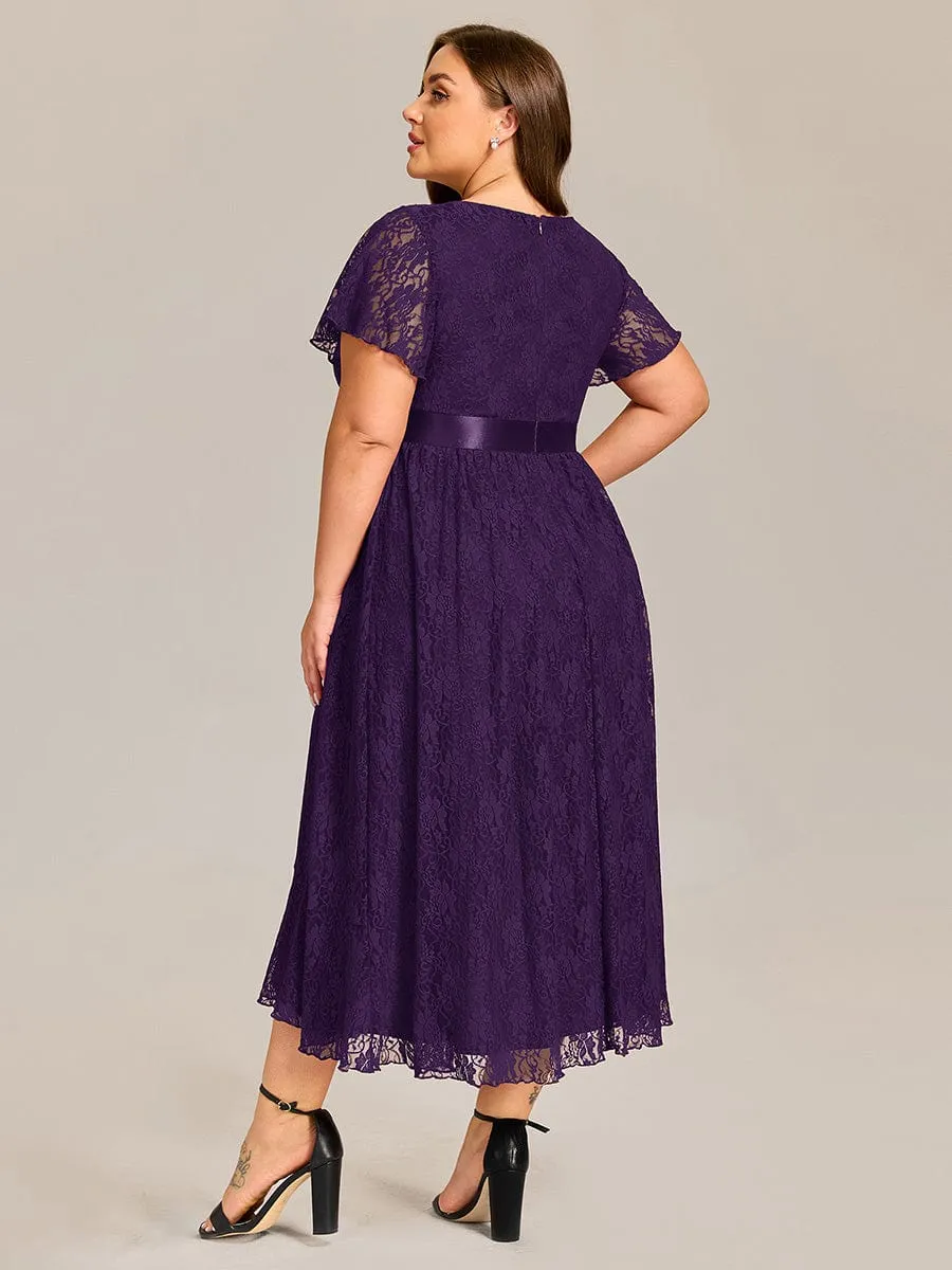 Short Sleeve Ruffled Empire Waist Lace Midi Formal Dress