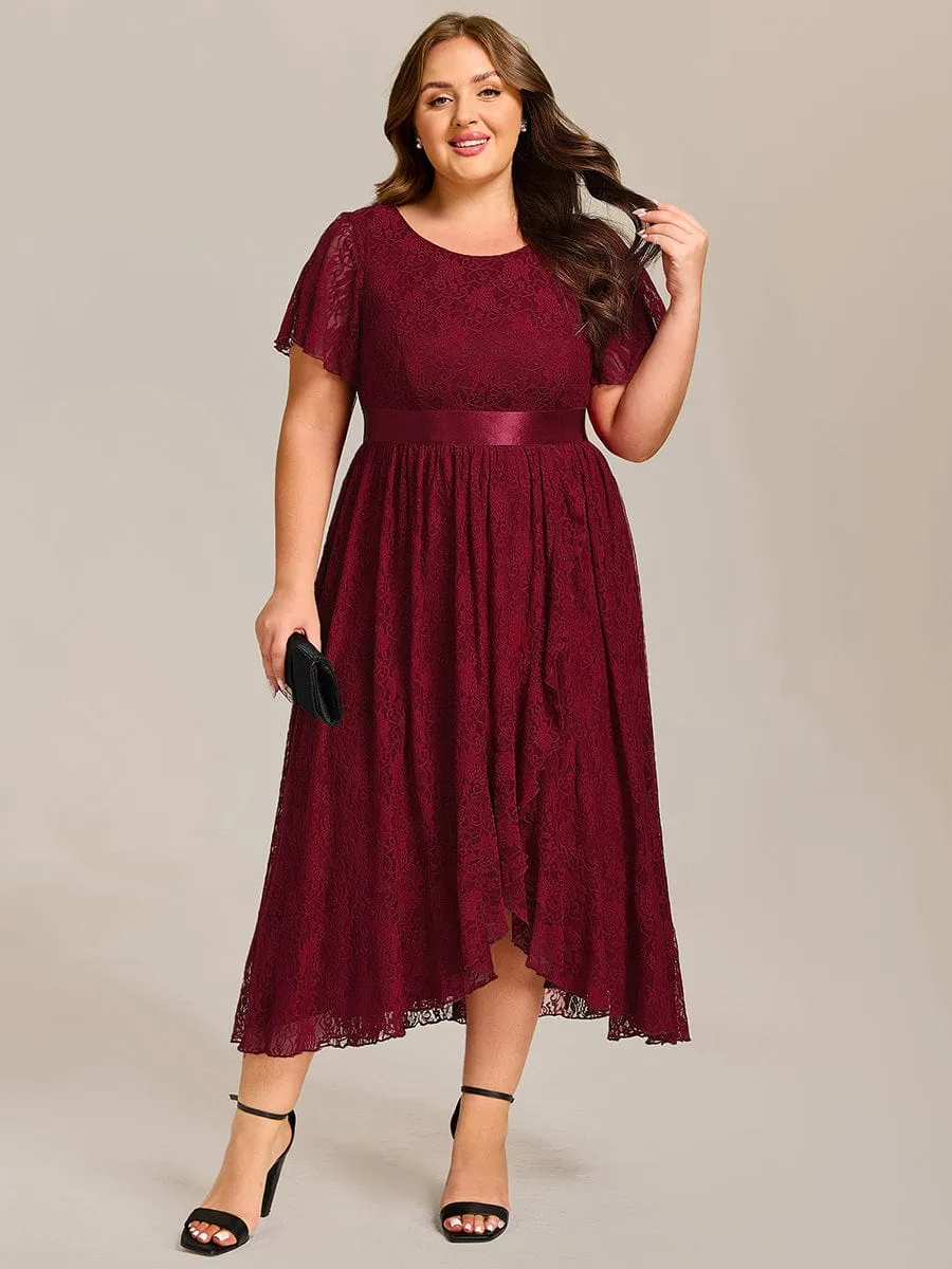 Short Sleeve Ruffled Empire Waist Lace Midi Formal Dress