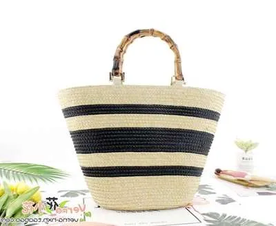Vvsha fashion bamboo handle women handbags casual striped bucket bag large capacity rattan straw bags wicker summer beach travel purse