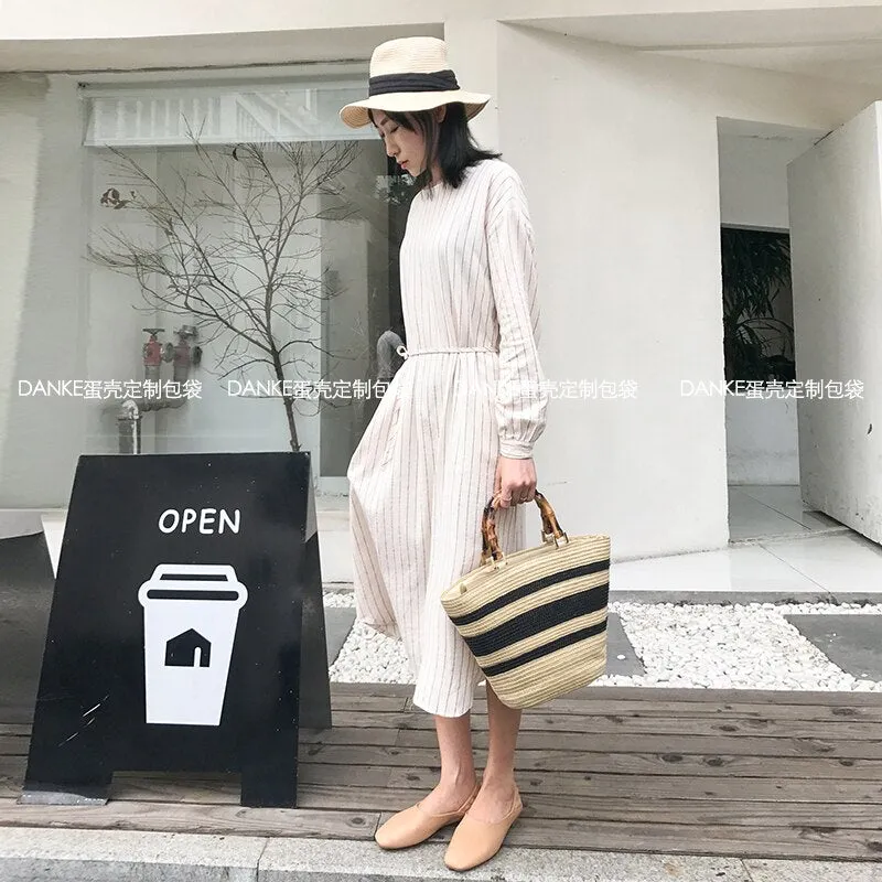 Vvsha fashion bamboo handle women handbags casual striped bucket bag large capacity rattan straw bags wicker summer beach travel purse